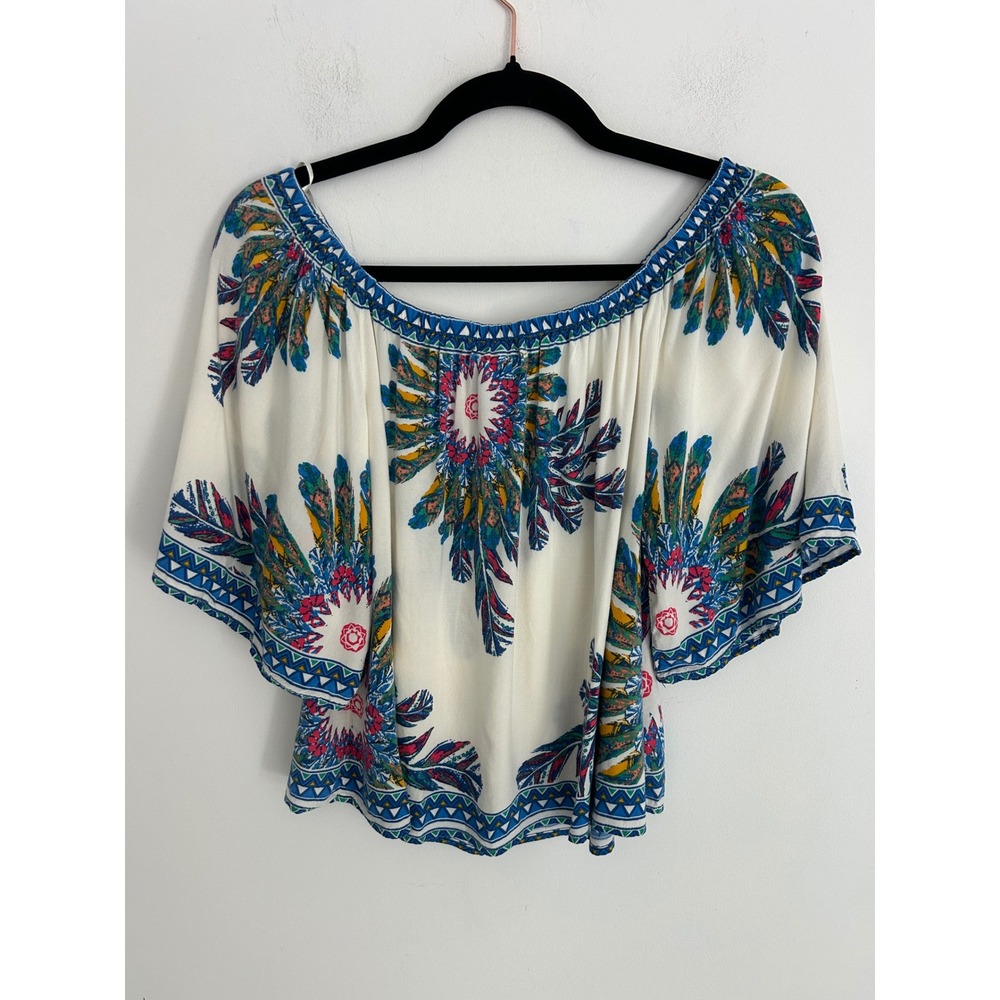 Flying Tomato Womens Boho Off Shoulder Feather Print Rayon Blouse Small IT10247 - Picture 7 of 7